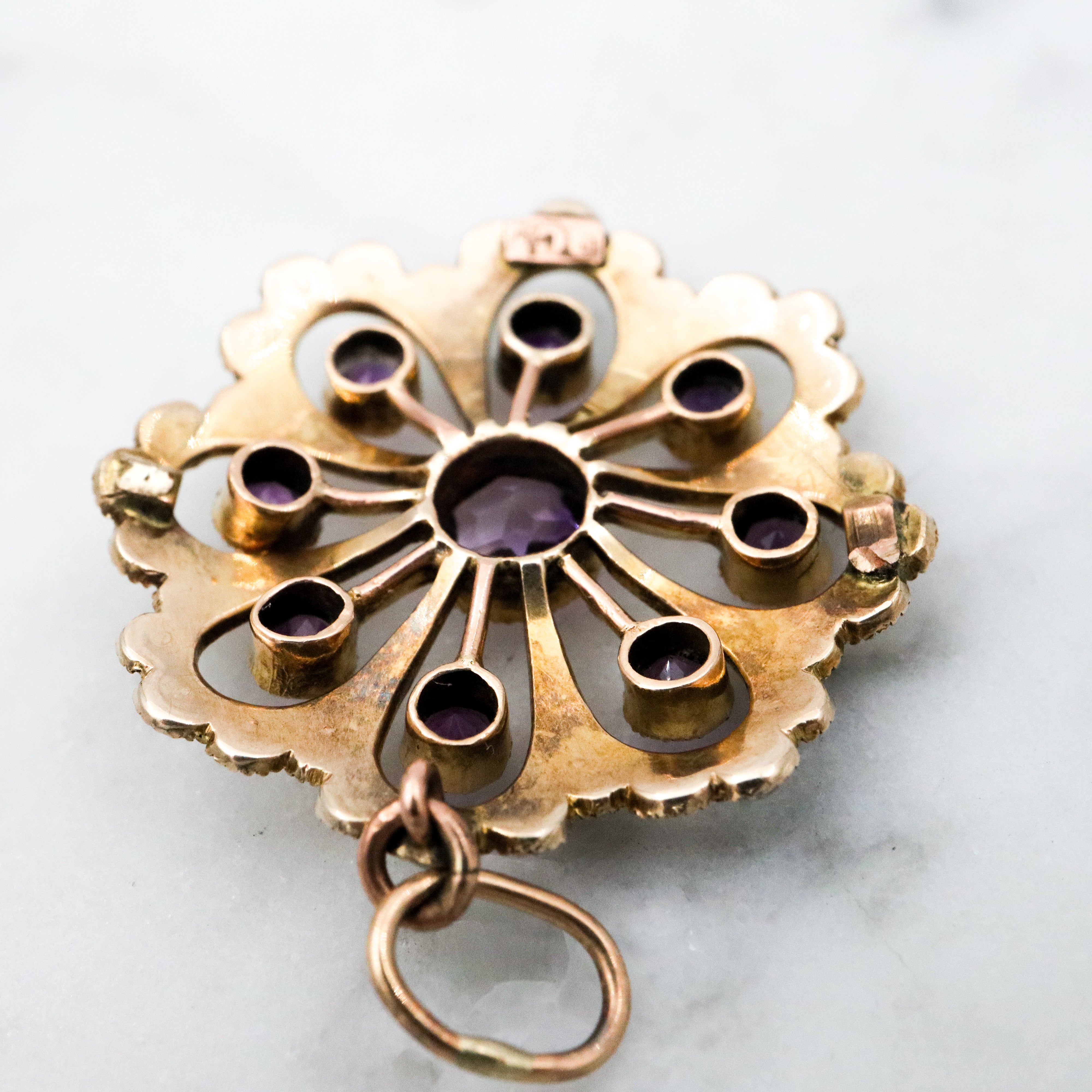 Antique early Victorian 9k gold, amethyst and split pearl flower pendant